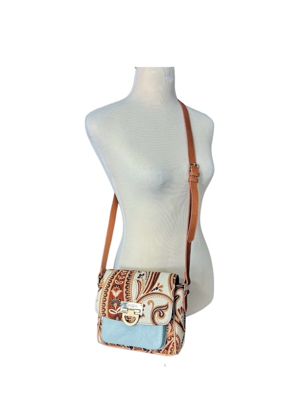 Spartina 449 Daufuskie Island Stylish Paisley Crossbody Bag - Tan & Light Blue